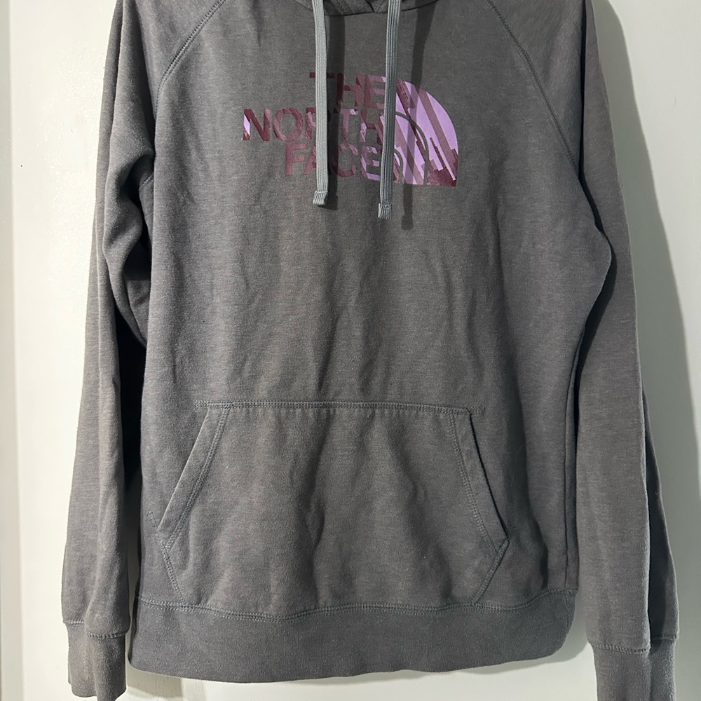 The North Face Gray Hoodie with Purple Logo